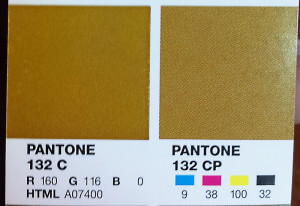 A Pantone book swatch, detailing RGB, CMYK, and HTML values