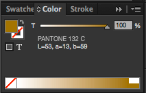 The InDesign color panel, showing Pantone 132 C