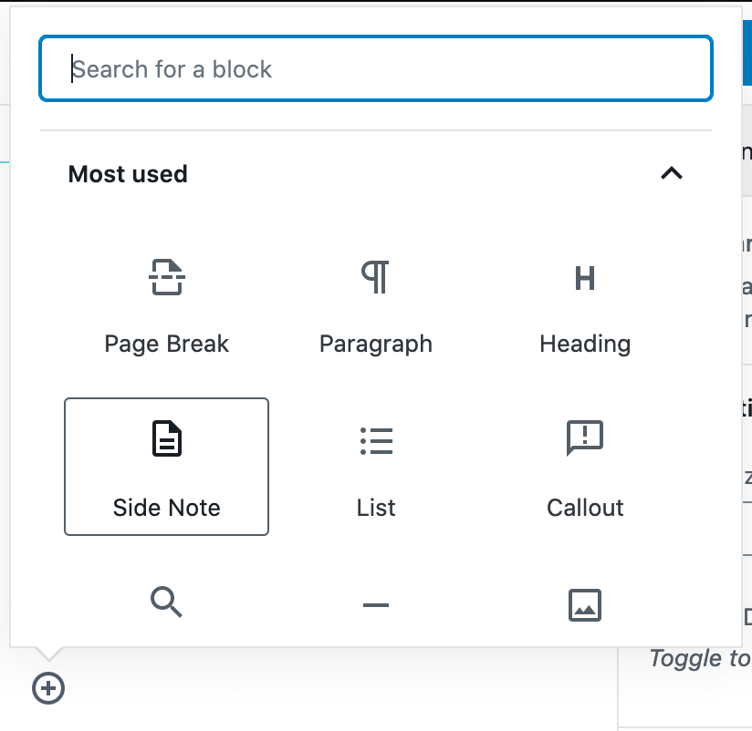 The WordPress block editor's block selection screen, showing a “side note” block option