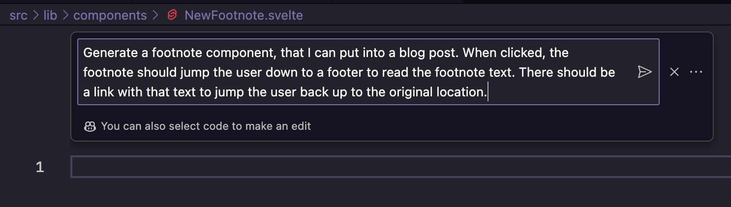 Prompting GitHub Copilot to 'generate a footnote component that I can put into a blog post. When clicked, the footnote should jump the user down to a footer to read the footnote text. There should be a link with that text to jump the user back up to the original location.