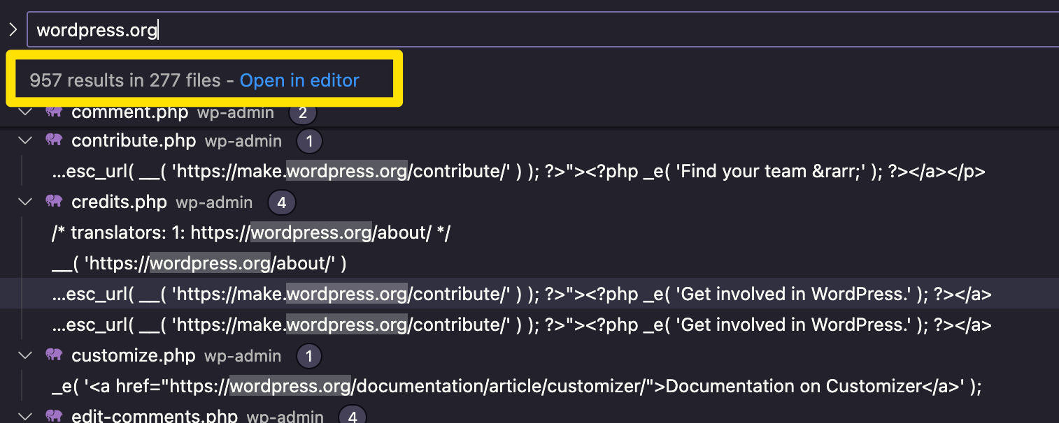 A search for WordPress.org in the base WordPress install reveals a total of 957 search results in 277 files.