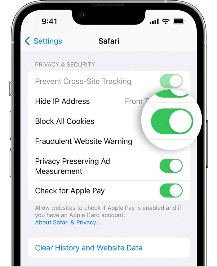 The iPhone settings menu, with several pill-shaped toggles (courtesy Apple support)