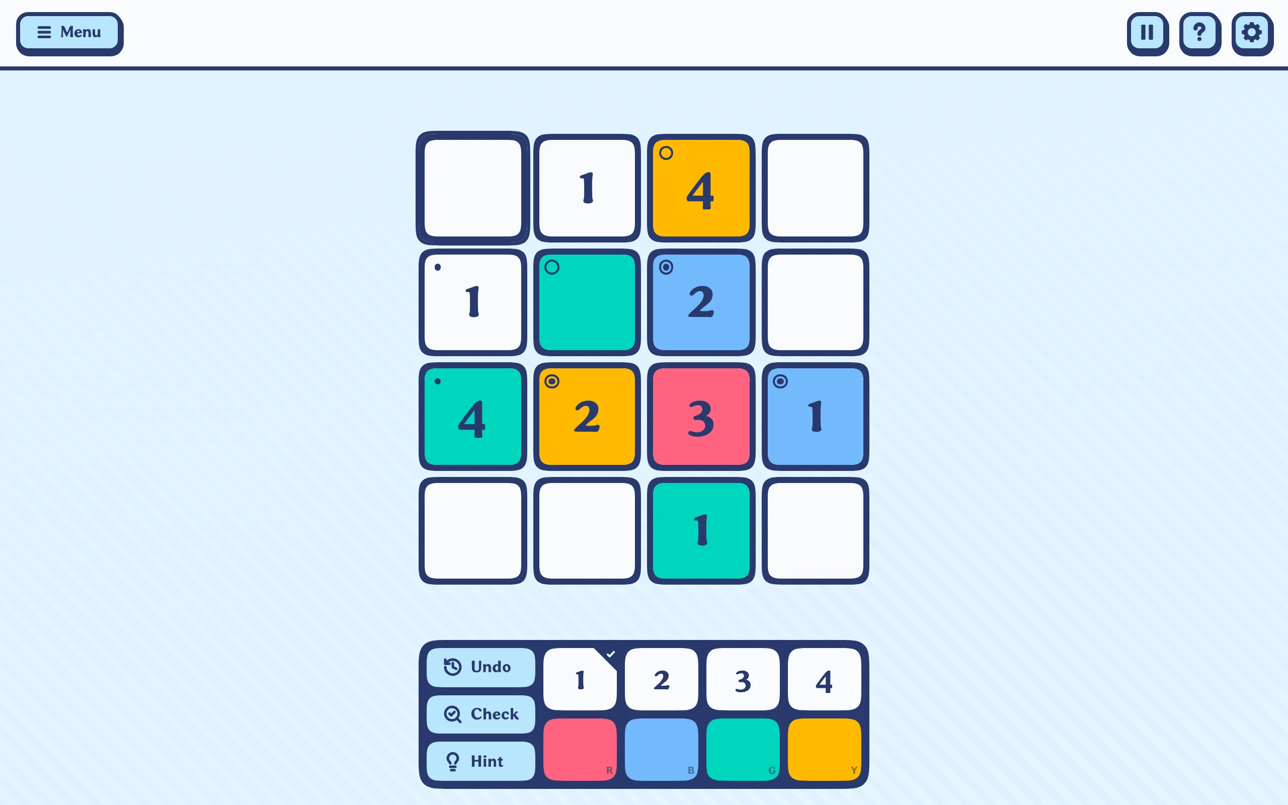 A solved Tupo puzzle: a five-by-five grid of tiles, each with a number from 1 to 5 on one of five colors, with no number or color repeated in any row or column.