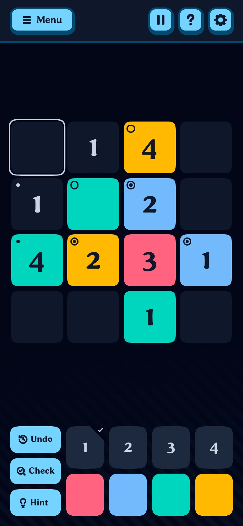 A smaller, four-by-four Tupo puzzle in progress, shown in the dark theme.