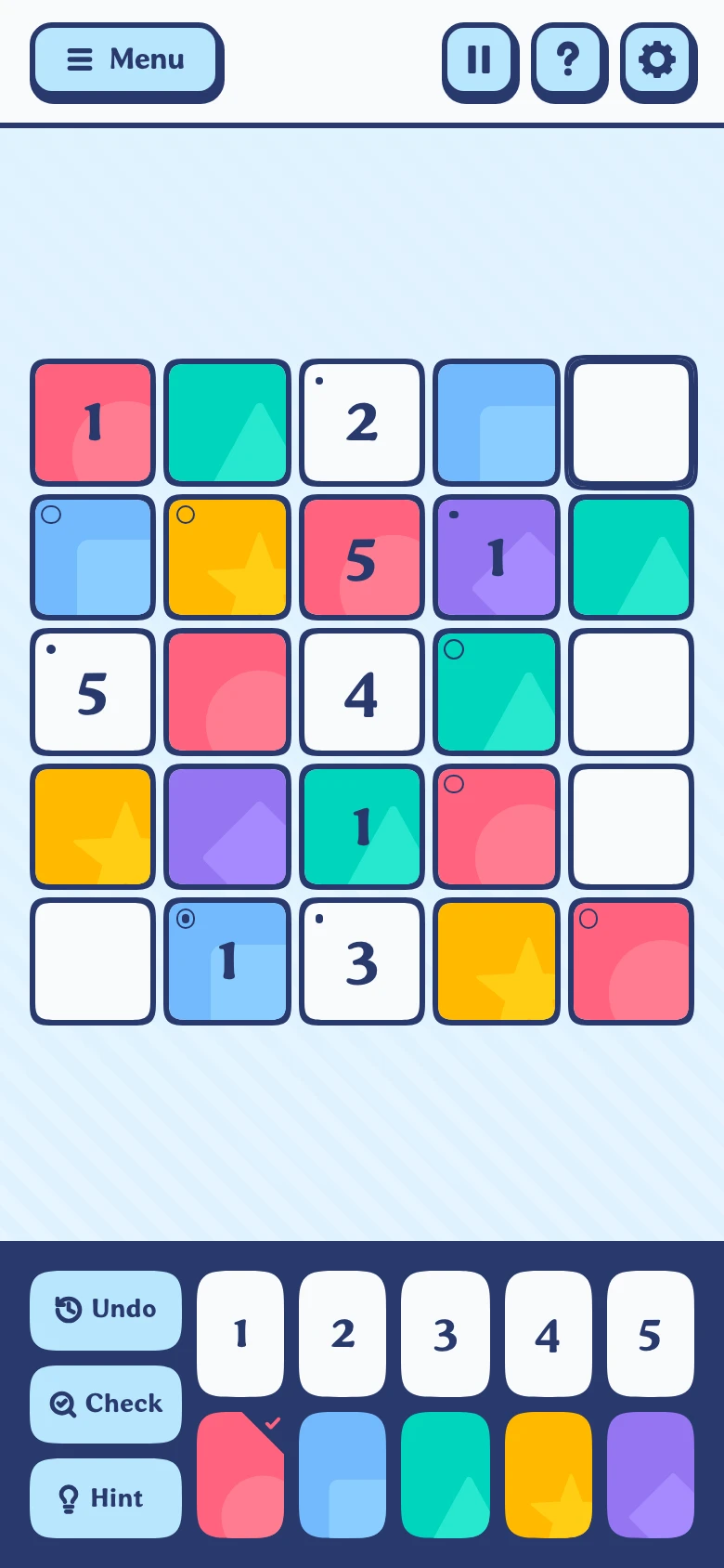A Tupo puzzle in progress on a phone, with colorblind mode on: each colored tile also carries a shape, such as a circle on red or a star on yellow. Some tiles show only a number, some only a color, and a keypad of numbers and colors sits below the board.