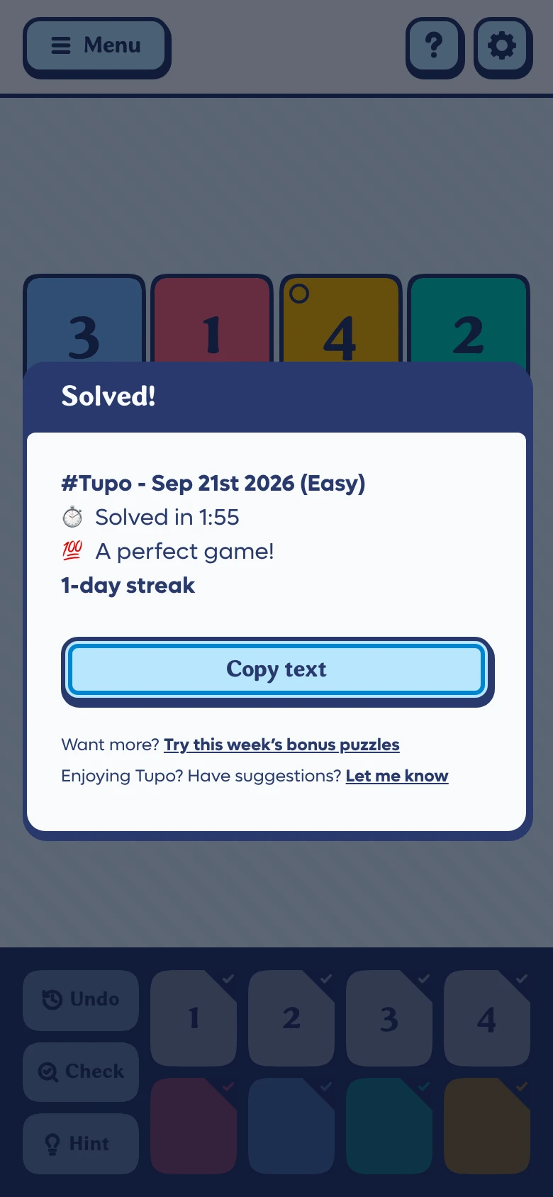 Tupo’s results dialog, reading: Solved in 1:55, a perfect game, 1-day streak, with a button to copy the result as text.