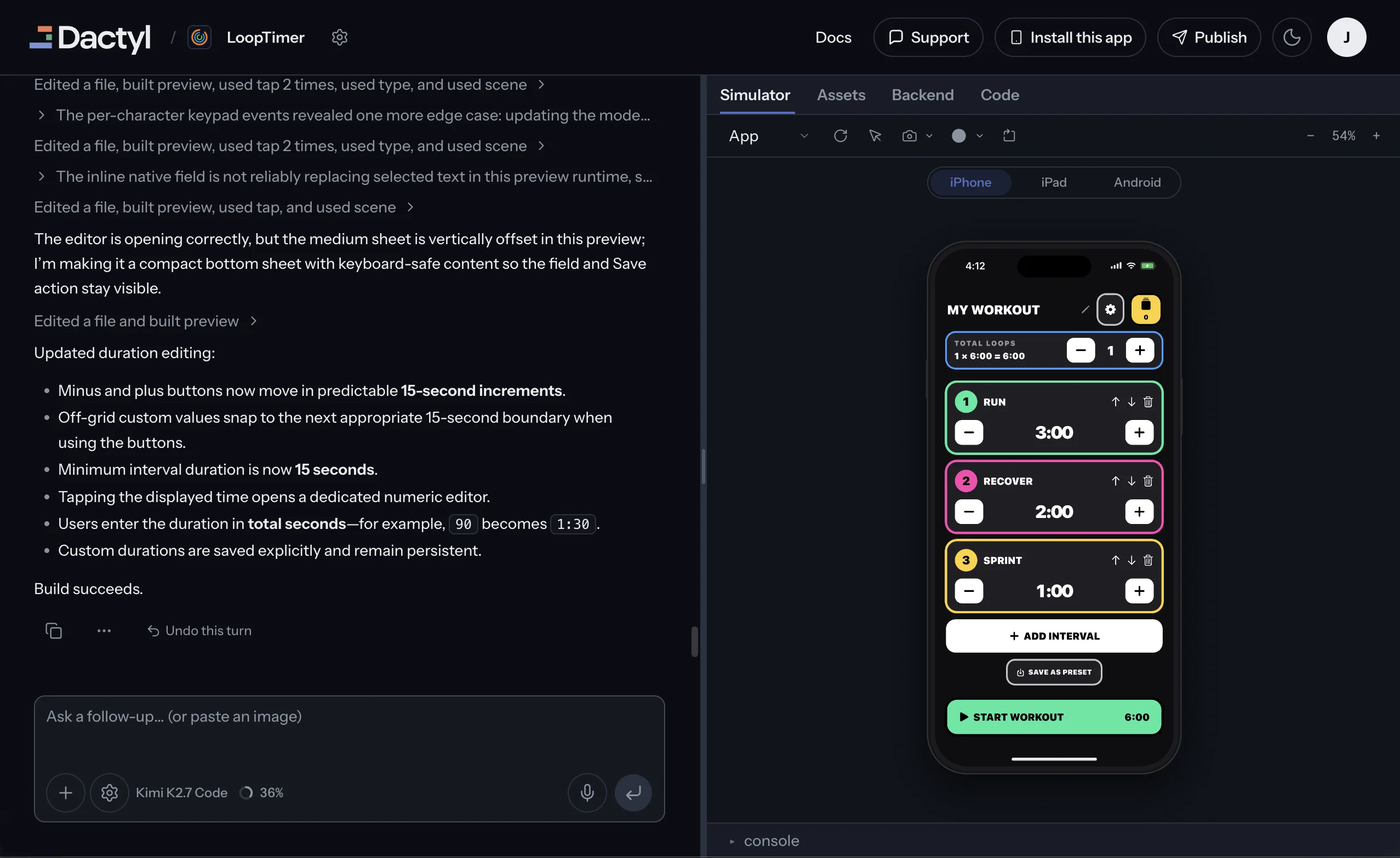 A screenshot of the Dactyl builder, showing an agent conversation about refining a workout timer app on the left, and the finished app running live in an iPhone simulator on the right, with colorful run, recover, and sprint interval cards.