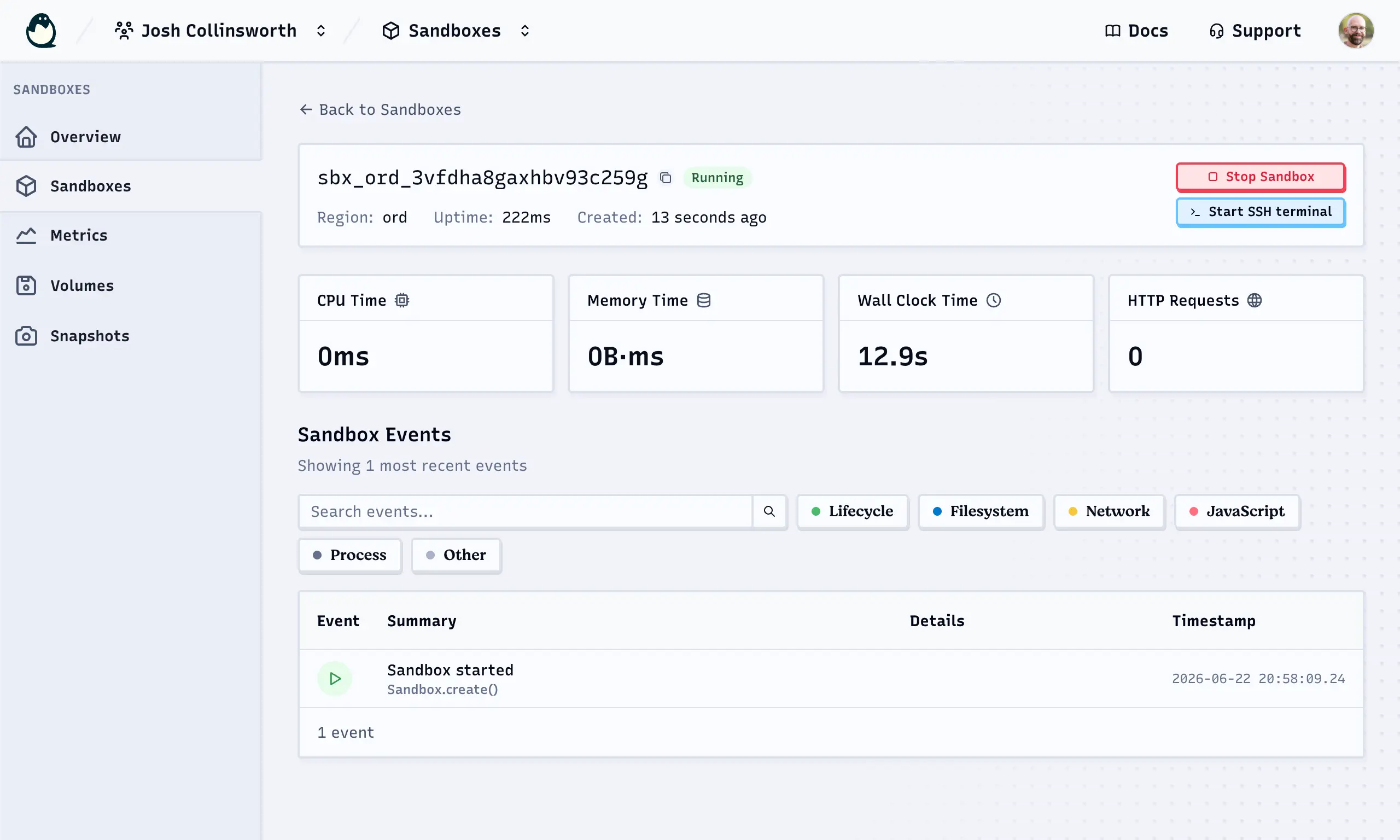 A screenshot of a Deno Deploy sandbox detail page, showing a running sandbox with its CPU time, memory time, wall clock time, and HTTP request count, plus a list of sandbox events.