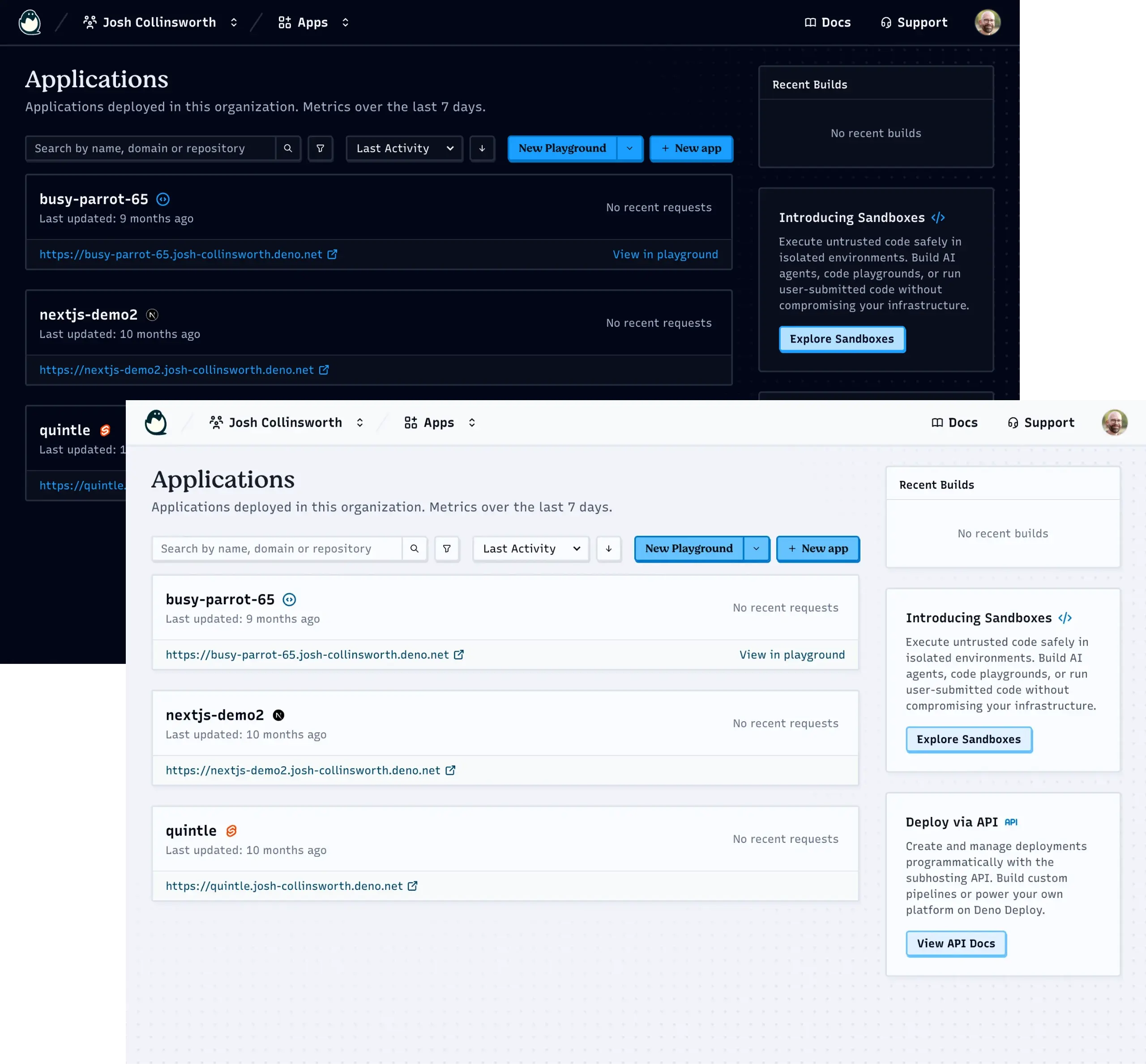 A screenshot of the Deno Deploy dashboard, showing a list of projects under my personal organization account. The URL is console.deno.com.