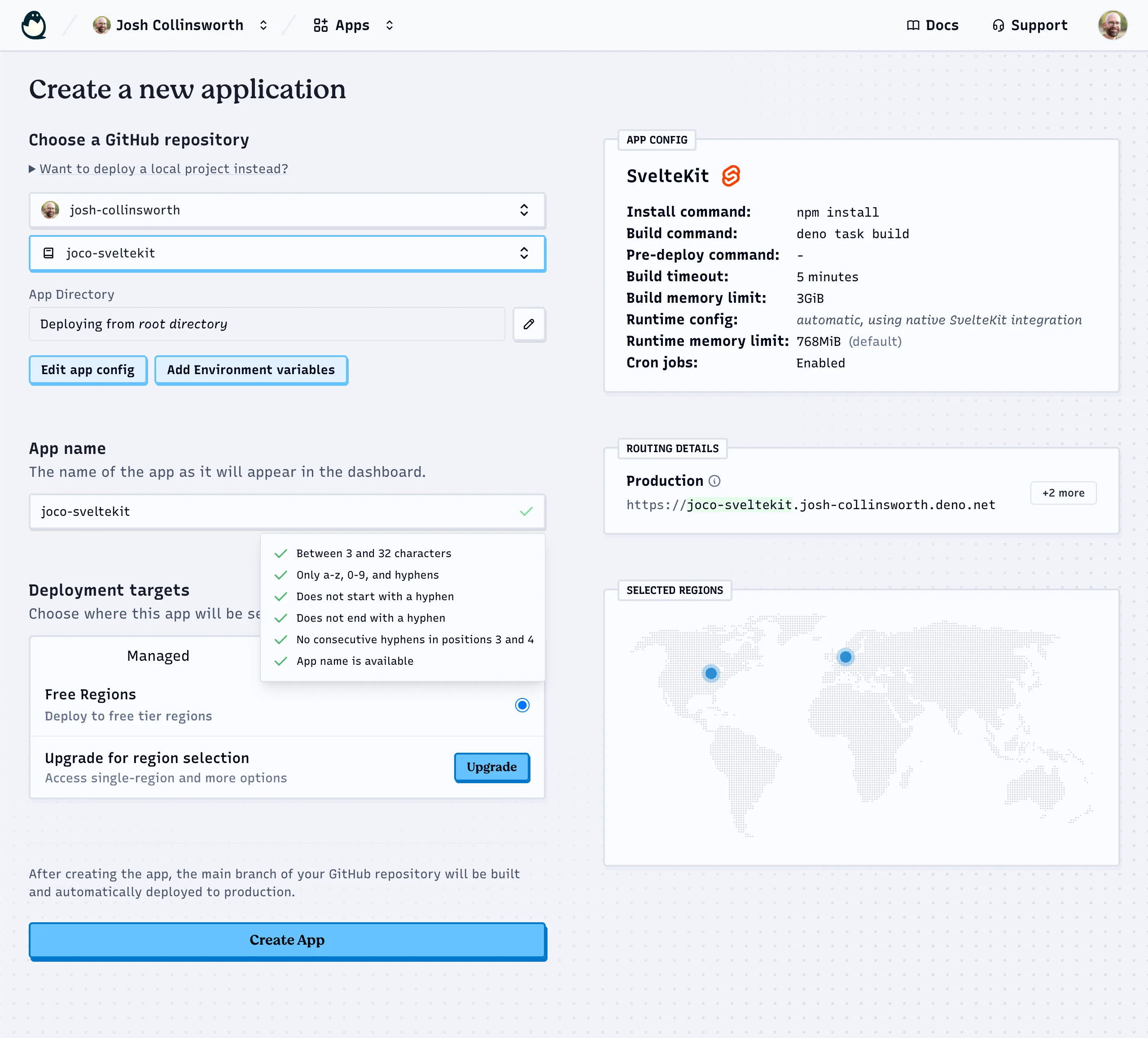 A screenshot of the Deno Deploy 'Create a new application' page, showing options to choose a GitHub repository, set an app name and deployment targets, alongside an app config panel, routing details, and a map of selected regions.